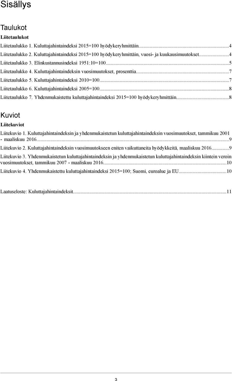 Kuluttajahintaindeksi 2005=1008 Liitetaulukko 7 Yhdenmukaistettu kuluttajahintaindeksi 2015=100 hyödykeryhmittäin8 Kuviot Liitekuviot Liitekuvio 1 Kuluttajahintaindeksin ja yhdenmukaistetun