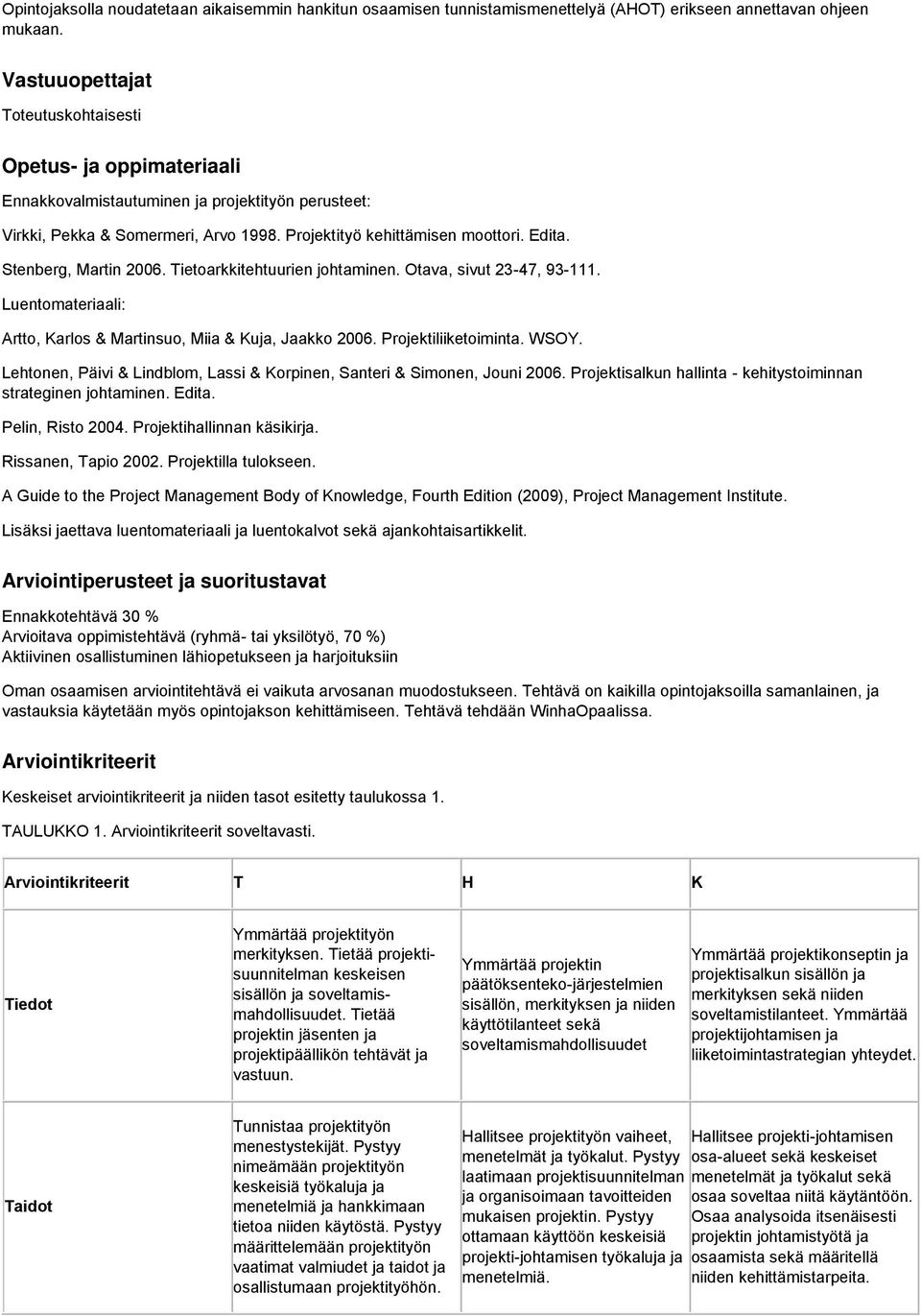 Stenberg, Martin 2006. Tietoarkkitehtuurien johtaminen. Otava, sivut 23-47, 93-111. Luentomateriaali: Artto, Karlos & Martinsuo, Miia & Kuja, Jaakko 2006. Projektiliiketoiminta. WSOY.