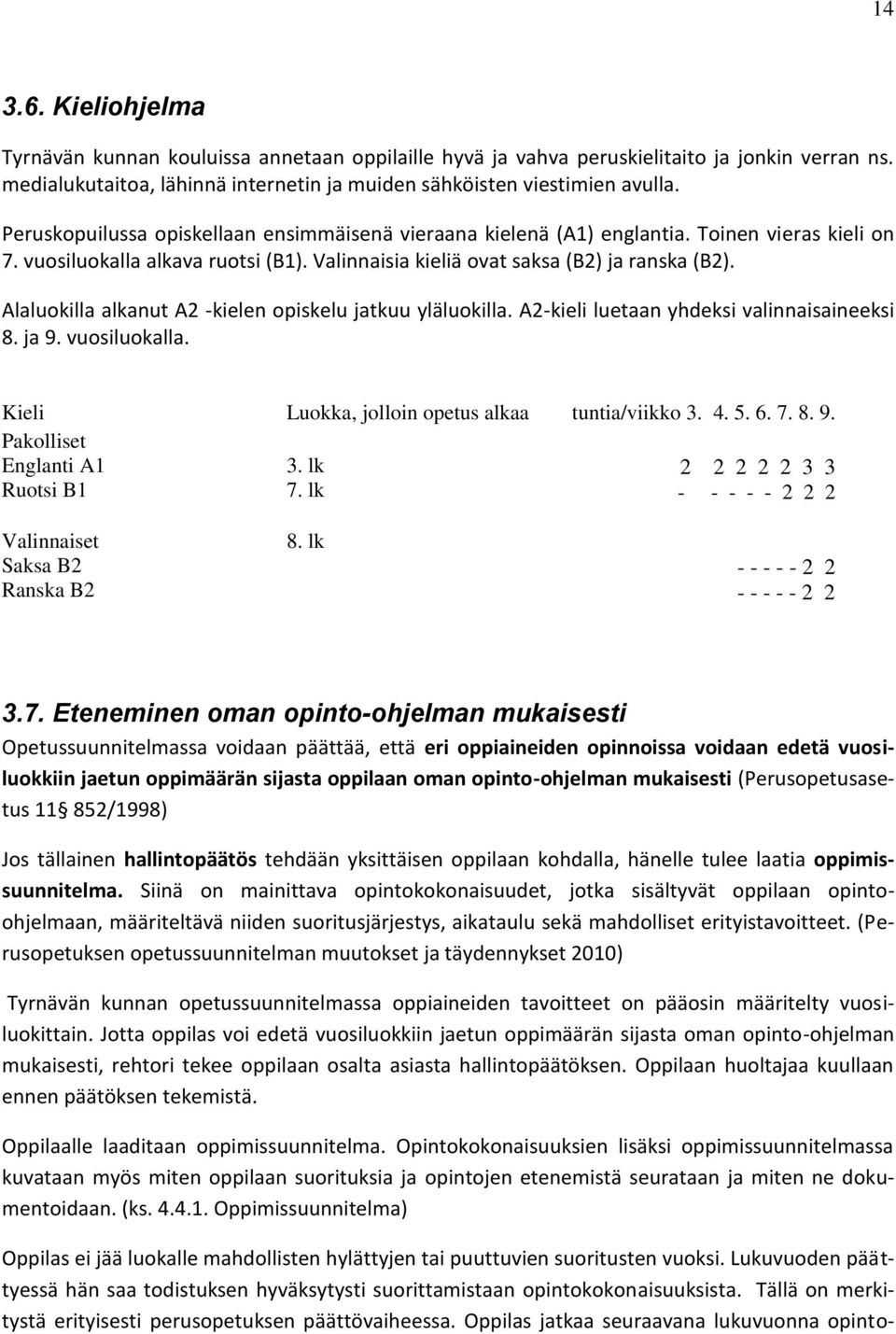 Alaluokilla alkanut A2 -kielen opiskelu jatkuu yläluokilla. A2-kieli luetaan yhdeksi valinnaisaineeksi 8. ja 9. vuosiluokalla. Kieli Luokka, jolloin opetus alkaa tuntia/viikko 3. 4. 5. 6. 7. 8. 9. Pakolliset Englanti A1 3.