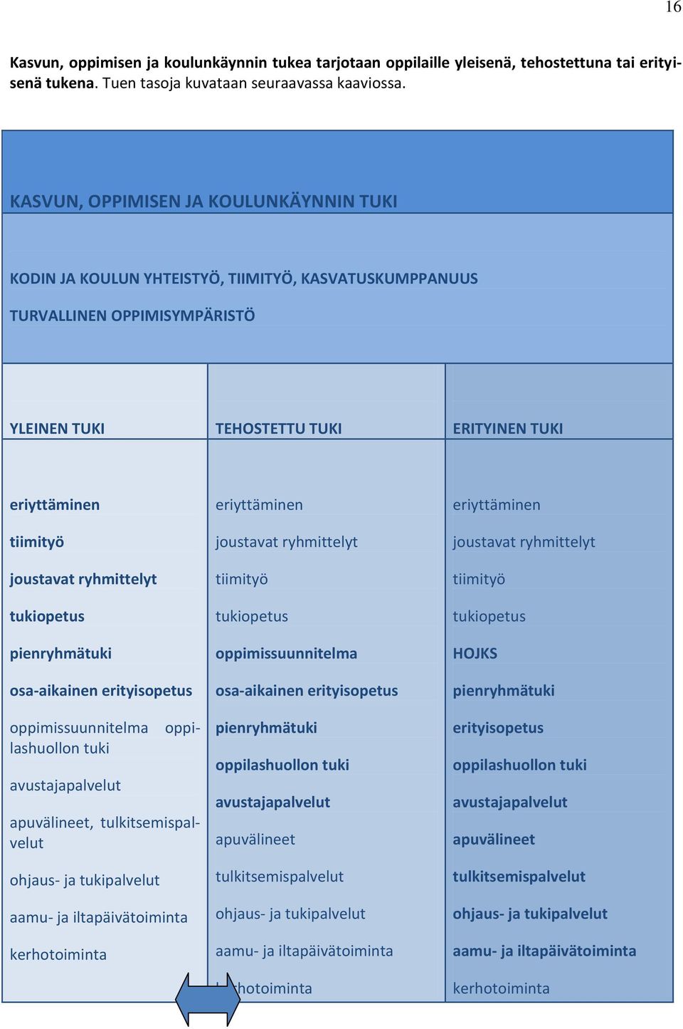 joustavat ryhmittelyt tukiopetus pienryhmätuki osa-aikainen erityisopetus oppi- oppimissuunnitelma lashuollon tuki avustajapalvelut apuvälineet, tulkitsemispalvelut ohjaus- ja tukipalvelut aamu- ja