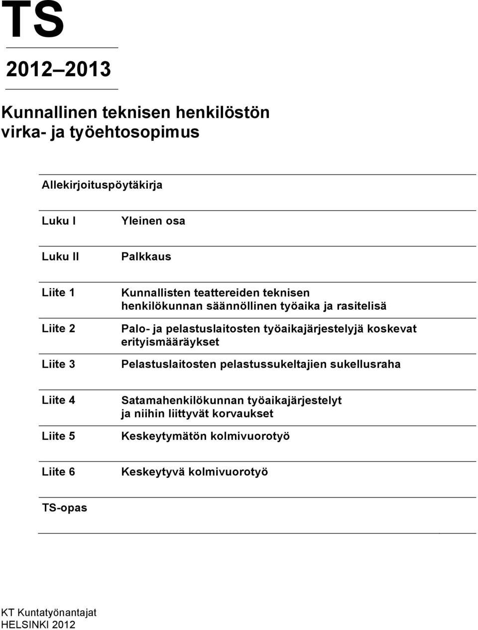 työaikajärjestelyjä koskevat erityismääräykset Pelastuslaitosten pelastussukeltajien sukellusraha Liite 4 Liite 5 Satamahenkilökunnan