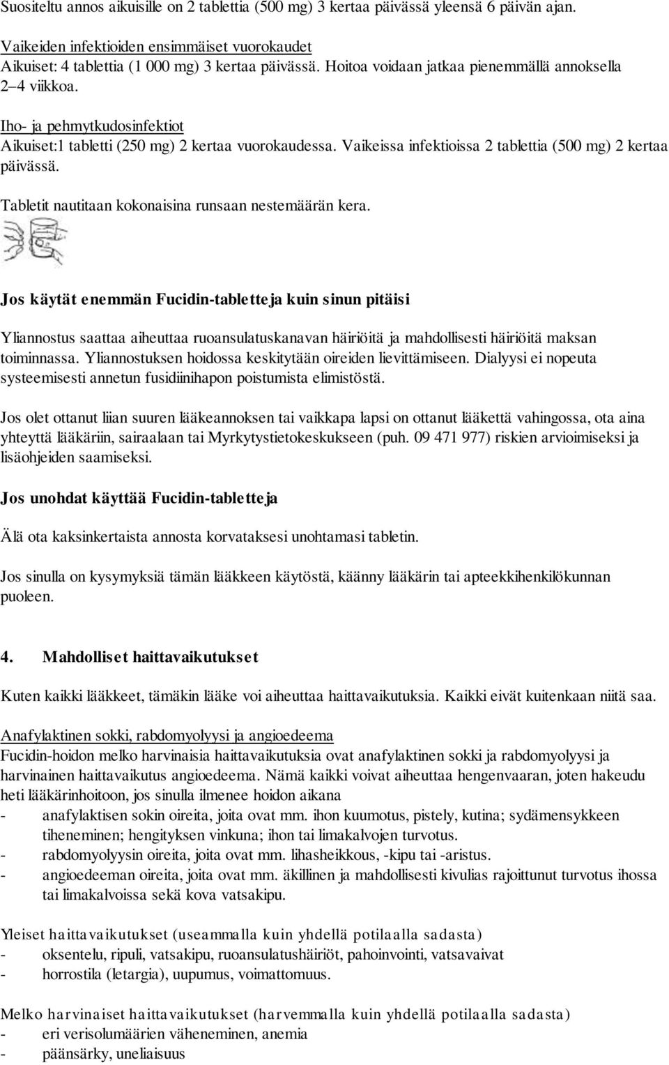 Vaikeissa infektioissa 2 tablettia (500 mg) 2 kertaa päivässä. Tabletit nautitaan kokonaisina runsaan nestemäärän kera.