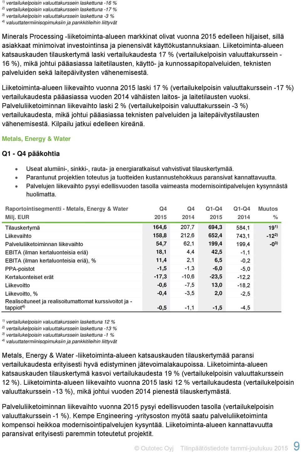 Liiketoiminta-alueen katsauskauden tilauskertymä laski vertailukaudesta 17 % (vertailukelpoisin valuuttakurssein - 16 %), mikä johtui pääasiassa laitetilausten, käyttö- ja kunnossapitopalveluiden,