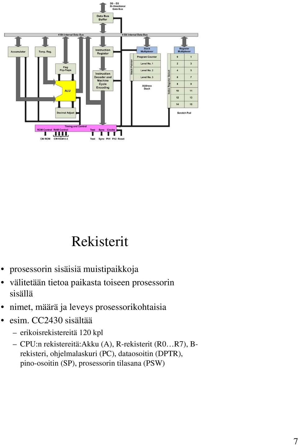 CC2430 sisältää erikoisrekistereitä 120 kpl CPU:n rekistereitä:akku (A), R-rekisterit