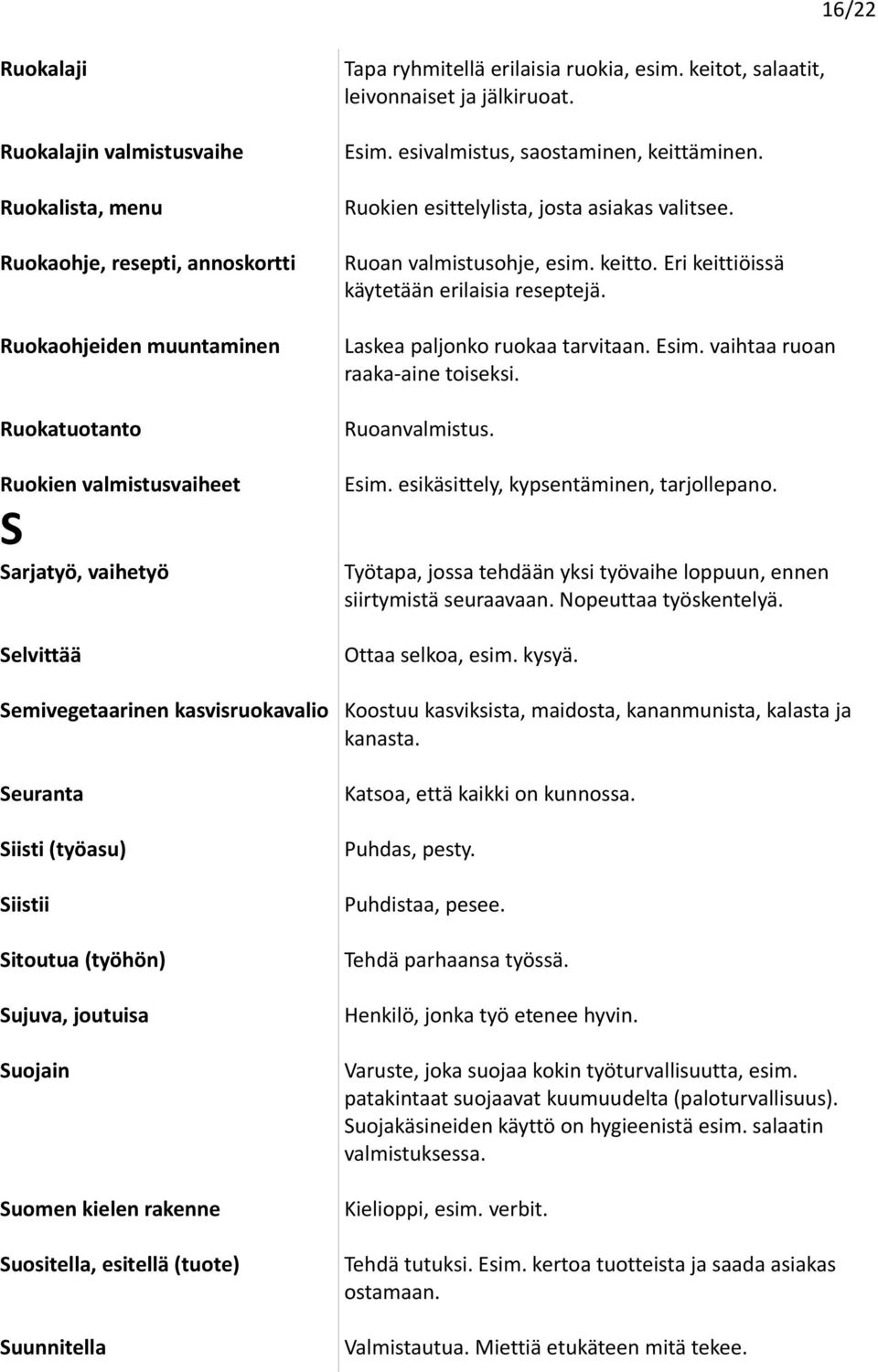 ruokia, esim. keitot, salaatit, leivonnaiset ja jälkiruoat. Esim. esivalmistus, saostaminen, keittäminen. Ruokien esittelylista, josta asiakas valitsee. Ruoan valmistusohje, esim. keitto.