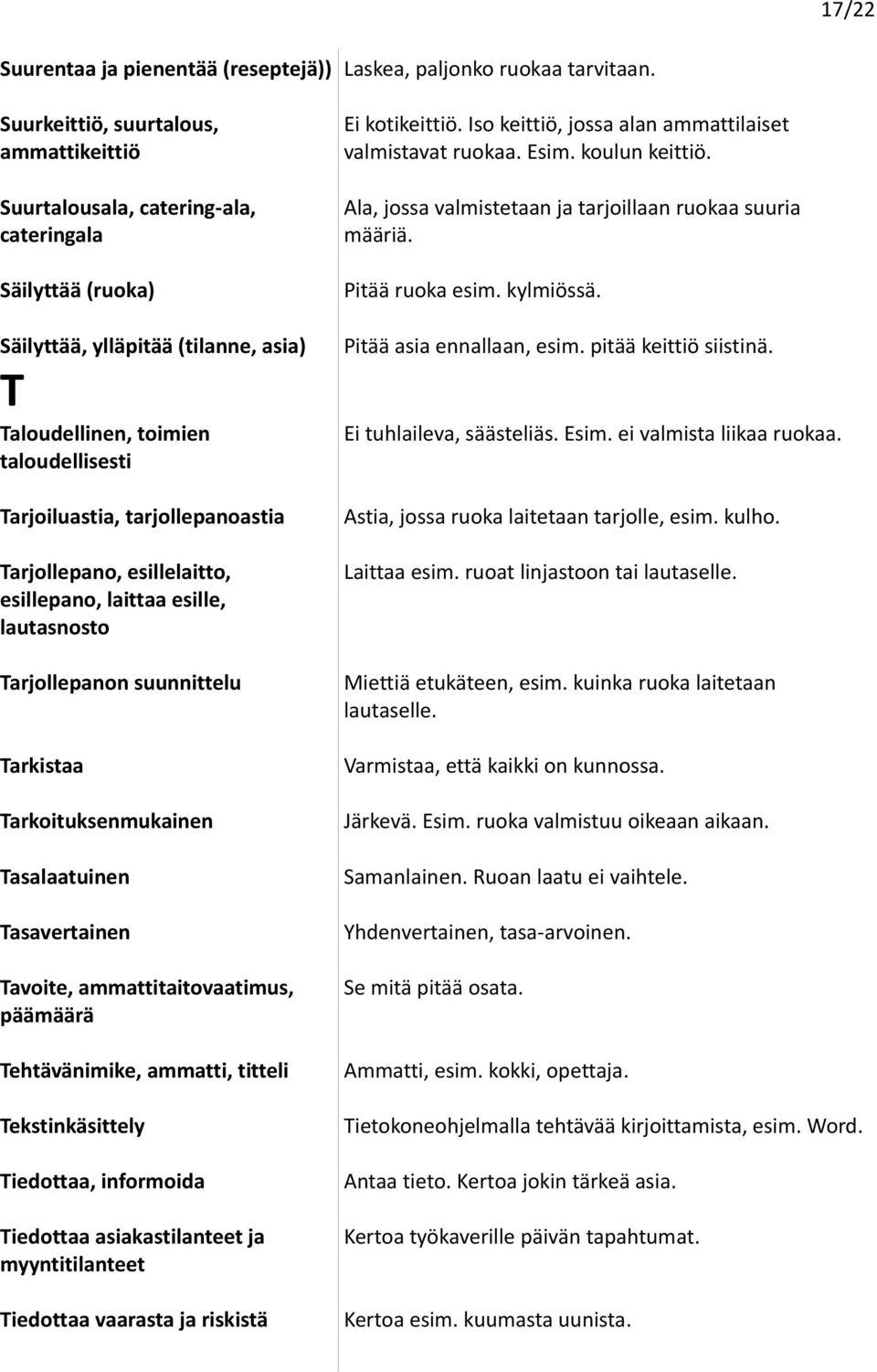 Tasavertainen Tavoite, ammattitaitovaatimus, päämäärä Tehtävänimike, ammatti, titteli Tekstinkäsittely Tiedottaa, informoida Tiedottaa asiakastilanteet ja myyntitilanteet Tiedottaa vaarasta ja