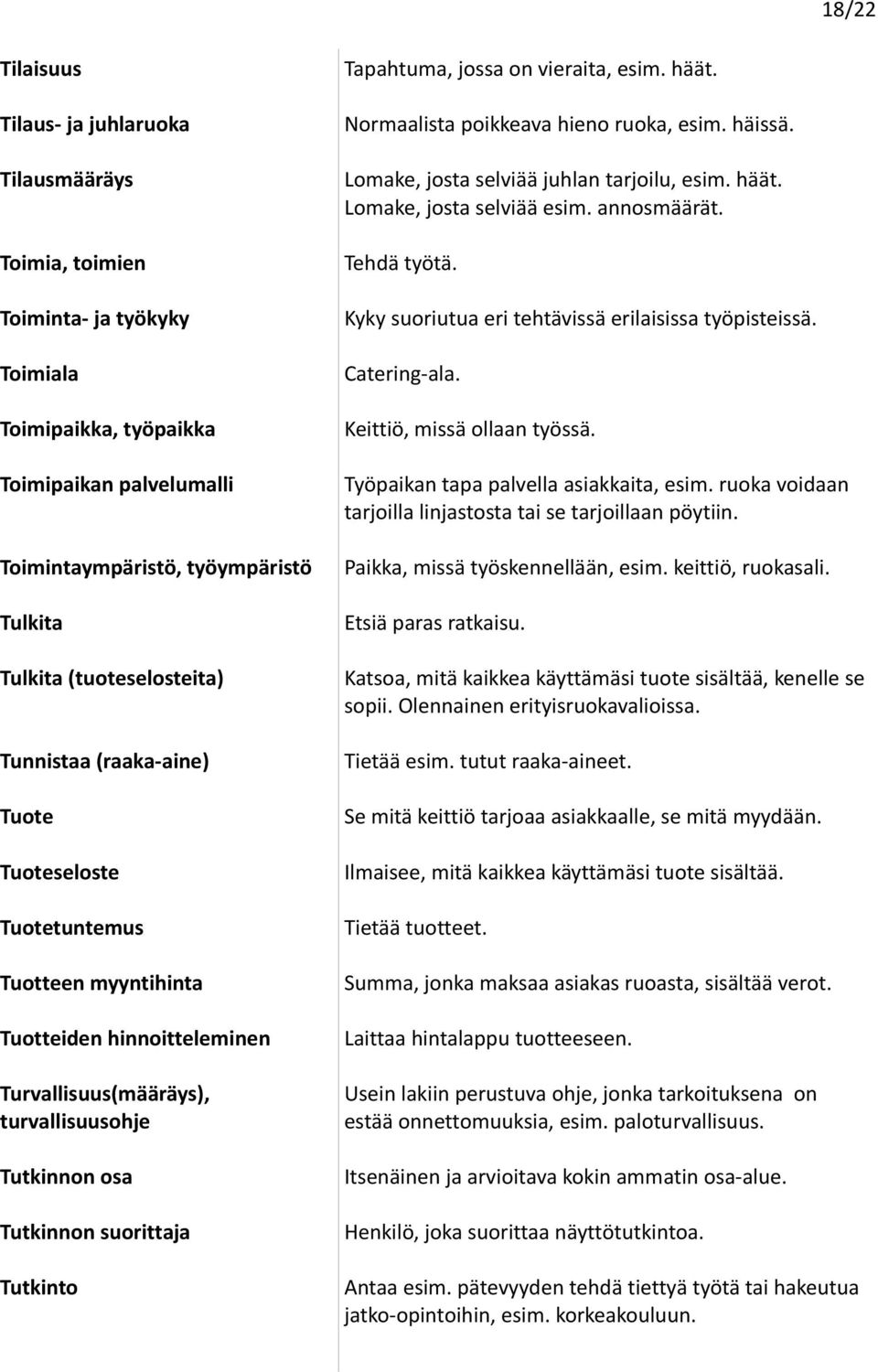 Tutkinto Tapahtuma, jossa on vieraita, esim. häät. Normaalista poikkeava hieno ruoka, esim. häissä. Lomake, josta selviää juhlan tarjoilu, esim. häät. Lomake, josta selviää esim. annosmäärät.