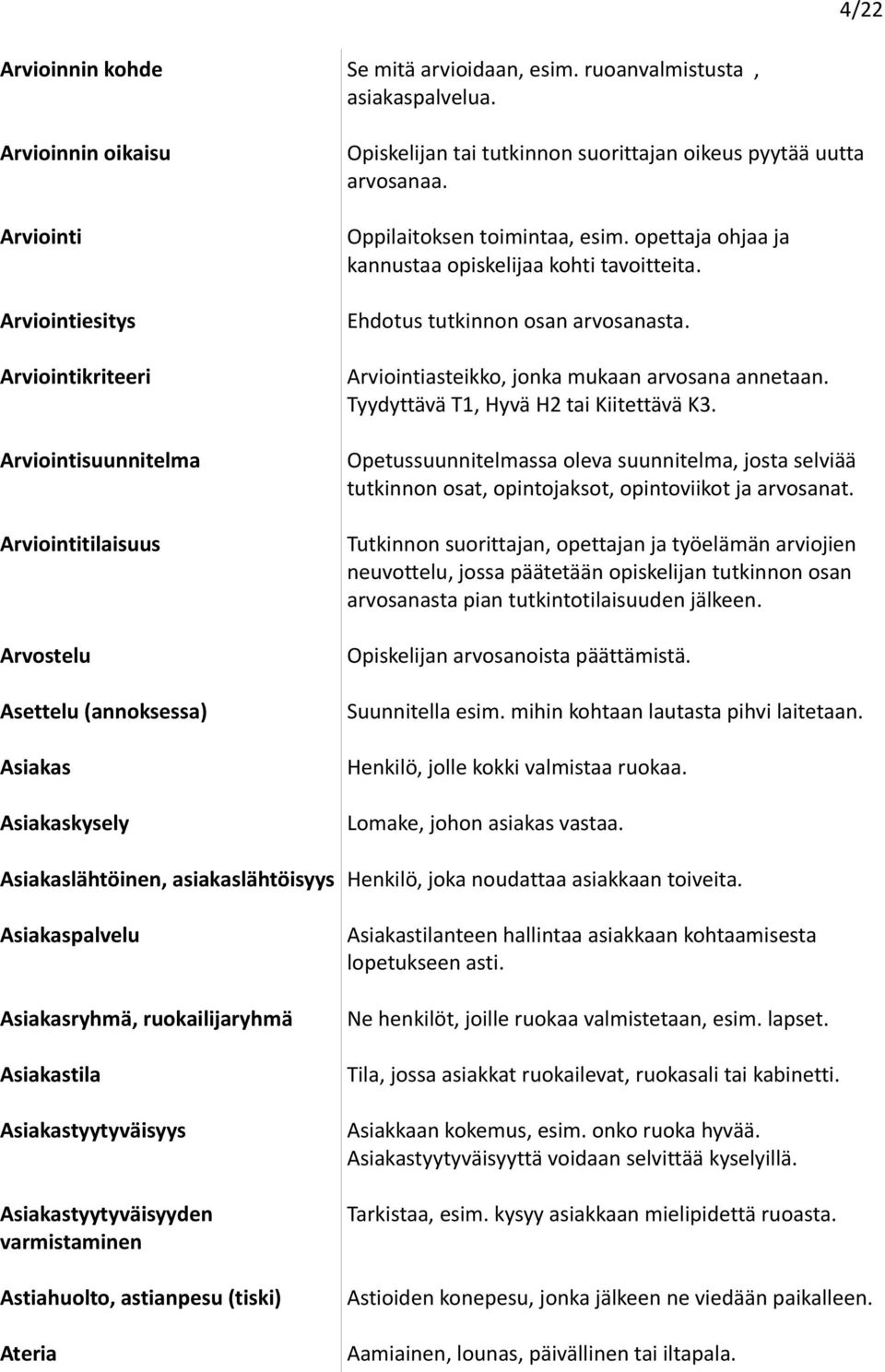 ruoanvalmistusta, asiakaspalvelua. Opiskelijan tai tutkinnon suorittajan oikeus pyytää uutta arvosanaa. Oppilaitoksen toimintaa, esim. opettaja ohjaa ja kannustaa opiskelijaa kohti tavoitteita.