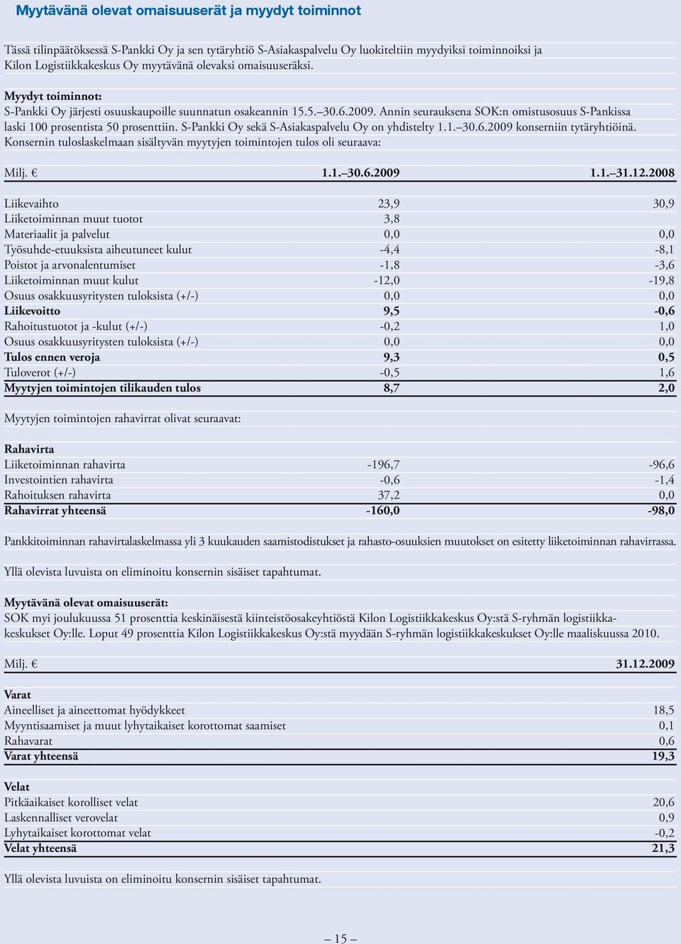 Annin seurauksena SOK:n omistusosuus S-Pankissa laski 100 prosentista 50 prosenttiin. S-Pankki Oy sekä S-Asiakaspalvelu Oy on yhdistelty 1.1. 30.6.2009 konserniin tytäryhtiöinä.