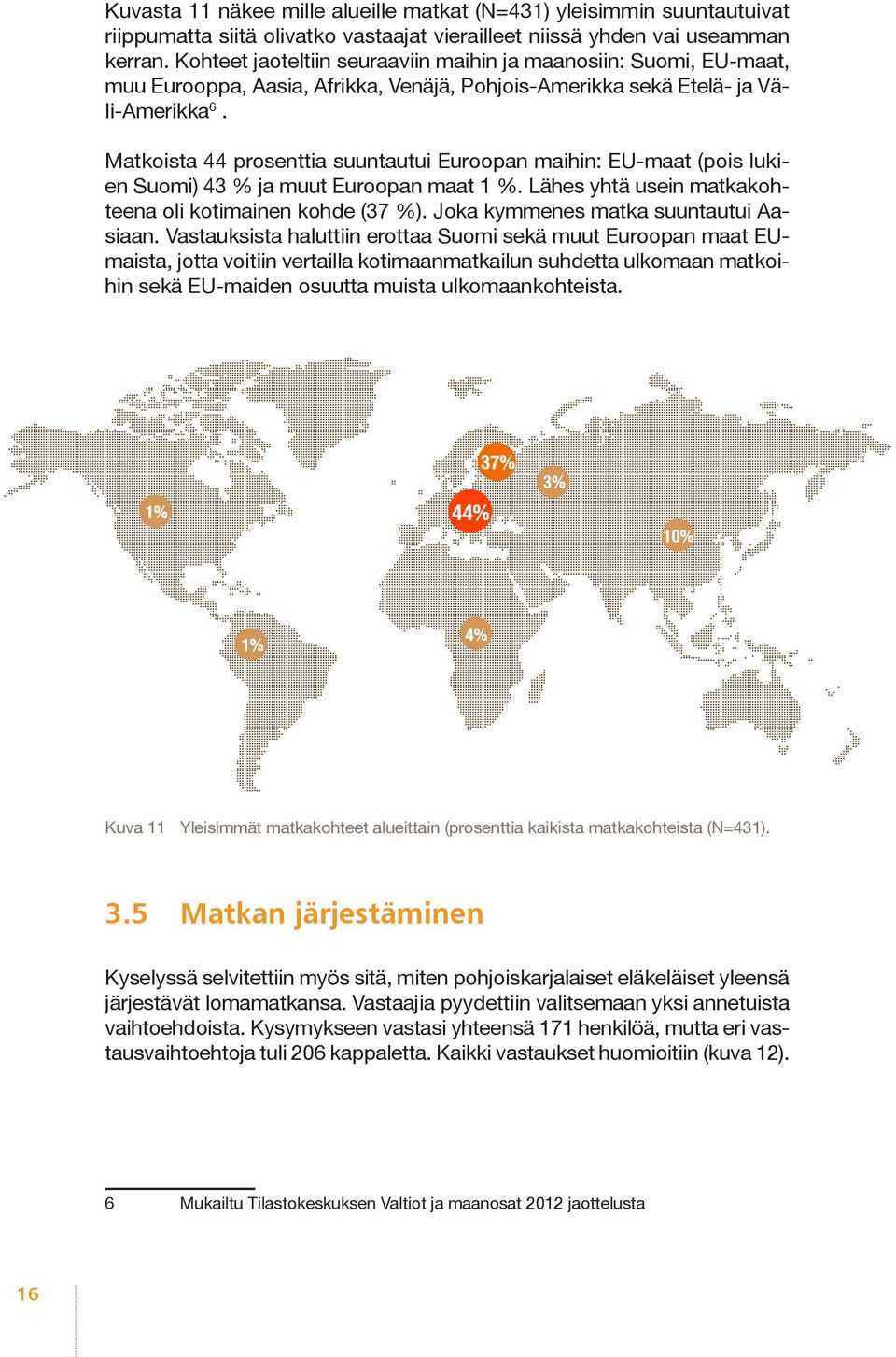 Matkoista 44 prosenttia suuntautui Euroopan maihin: EU-maat (pois lukien Suomi) 43 % ja muut Euroopan maat 1 %. Lähes yhtä usein matkakohteena oli kotimainen kohde (37 %).