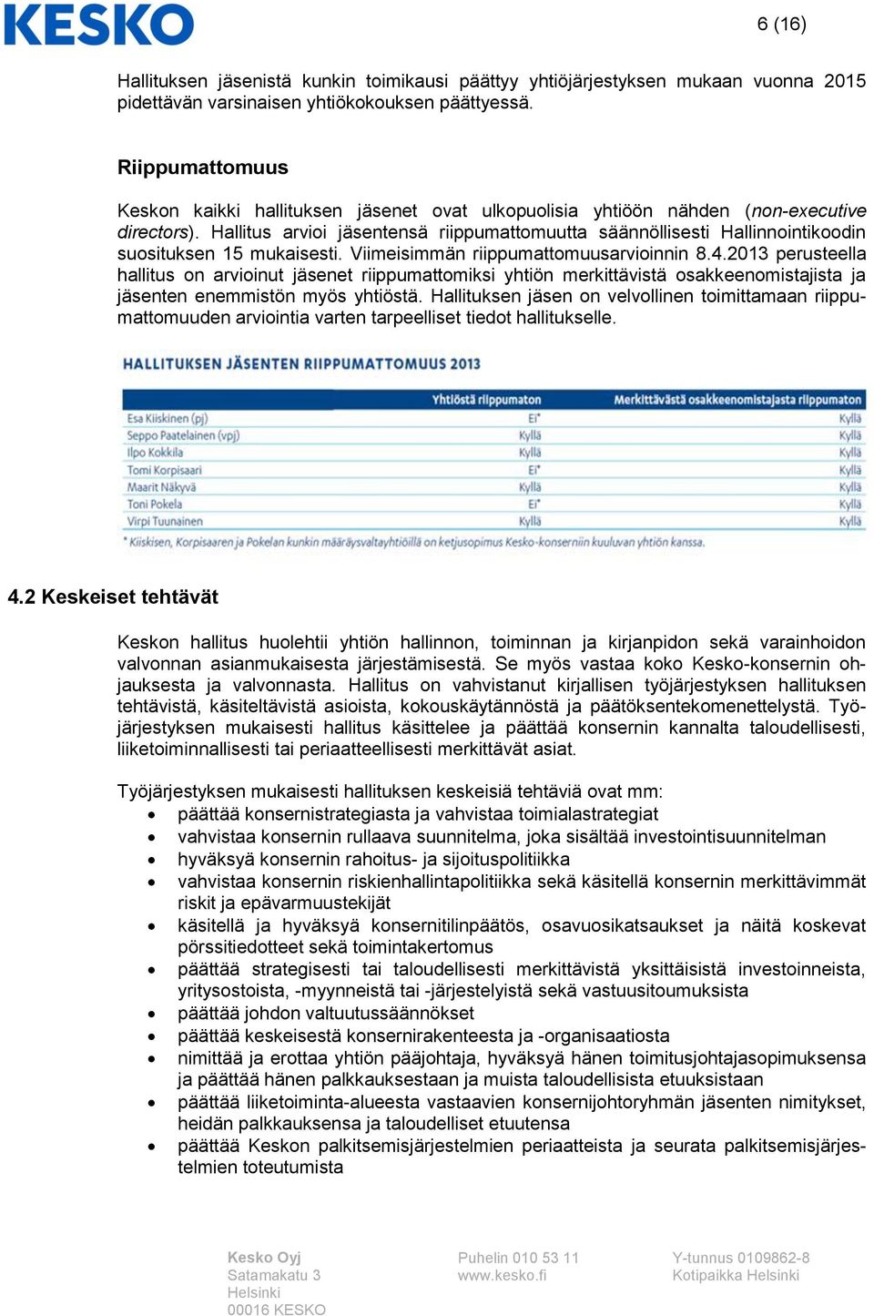 Hallitus arvioi jäsentensä riippumattomuutta säännöllisesti Hallinnointikoodin suosituksen 15 mukaisesti. Viimeisimmän riippumattomuusarvioinnin 8.4.