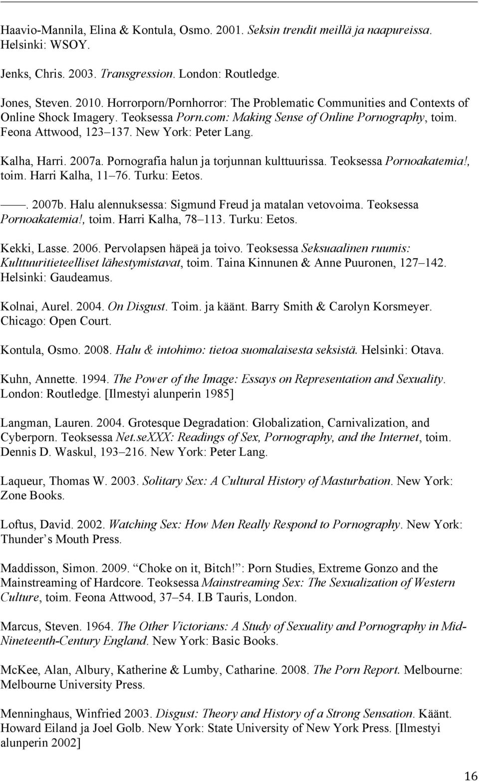 Kalha, Harri. 2007a. Pornografia halun ja torjunnan kulttuurissa. Teoksessa Pornoakatemia!, toim. Harri Kalha, 11 76. Turku: Eetos.. 2007b. Halu alennuksessa: Sigmund Freud ja matalan vetovoima.