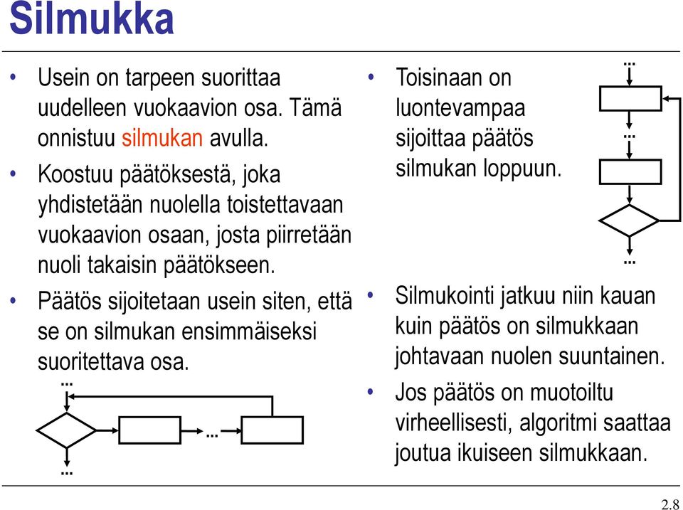 Päätös sijoitetaan usein siten, että se on silmukan ensimmäiseksi suoritettava osa.