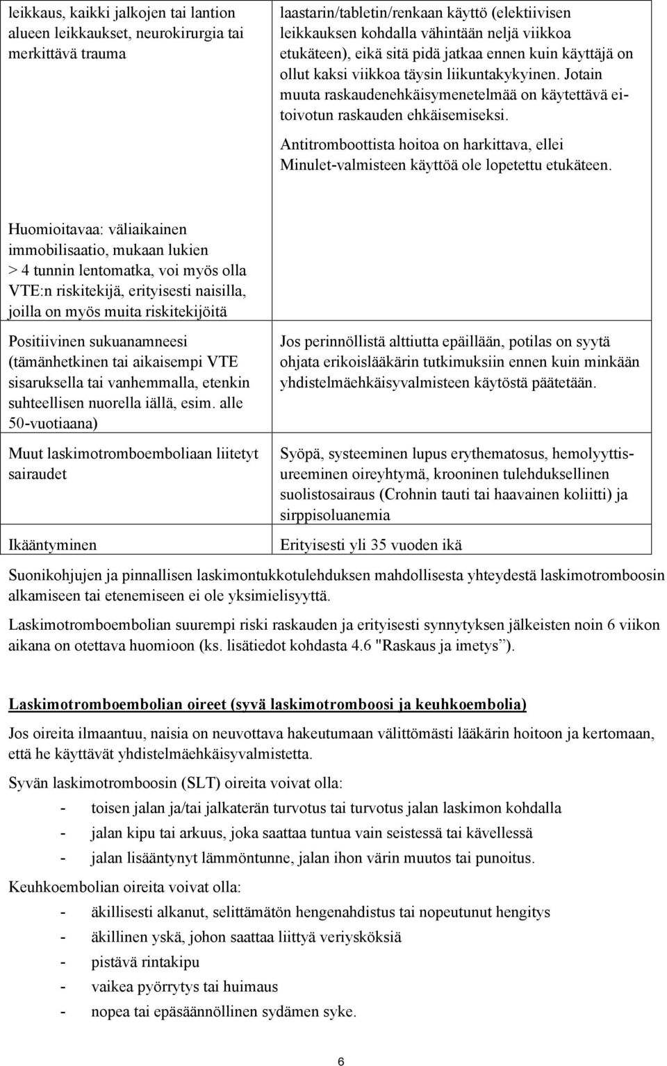 Antitromboottista hoitoa on harkittava, ellei Minulet-valmisteen käyttöä ole lopetettu etukäteen.