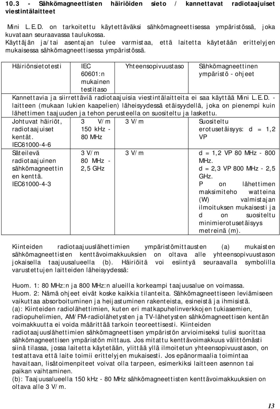 Käyttäjän ja/tai asentajan tulee varmistaa, että laitetta käytetään erittelyjen mukaisessa sähkömagneettisessa ympäristössä.