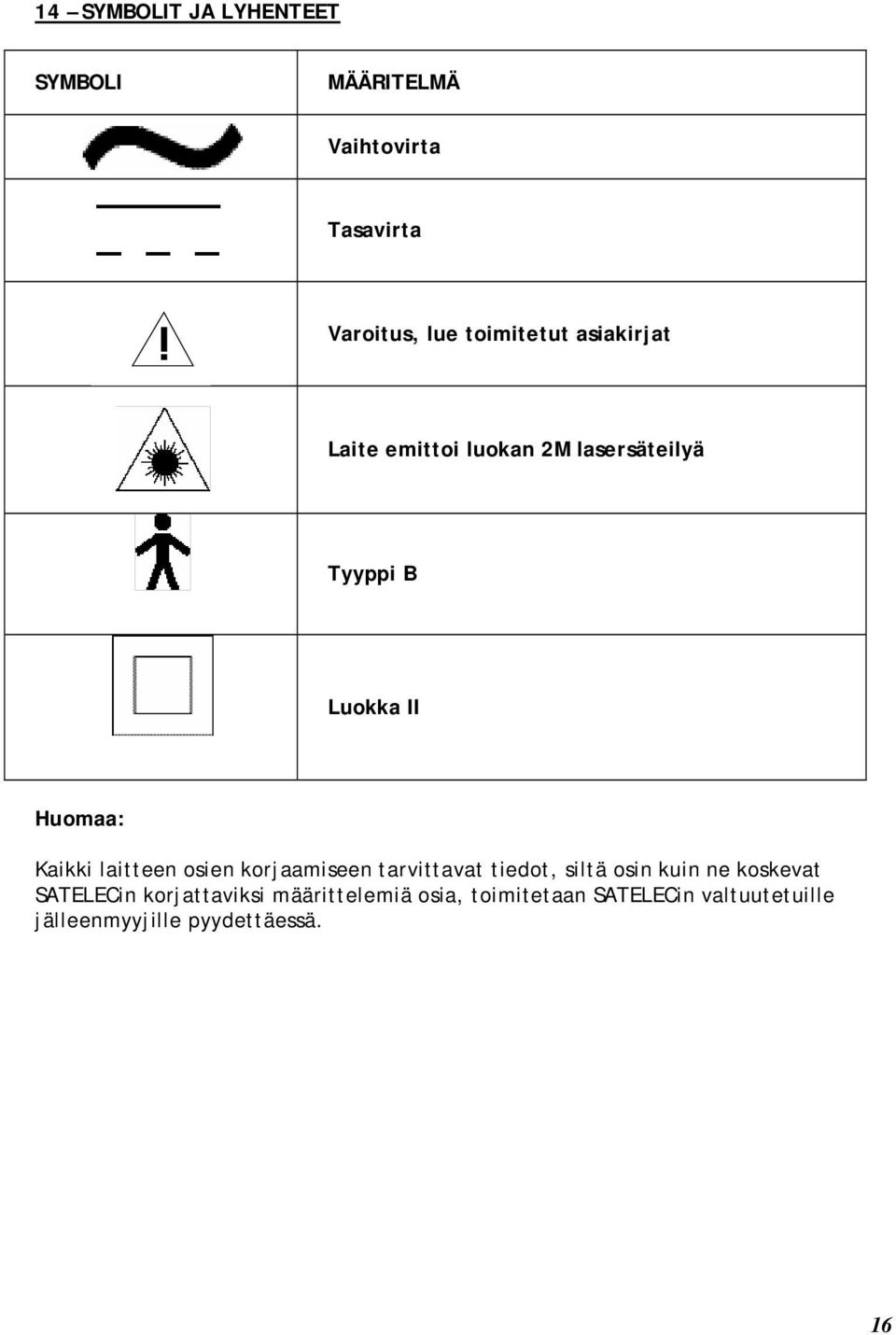 laitteen osien korjaamiseen tarvittavat tiedot, siltä osin kuin ne koskevat SATELECin