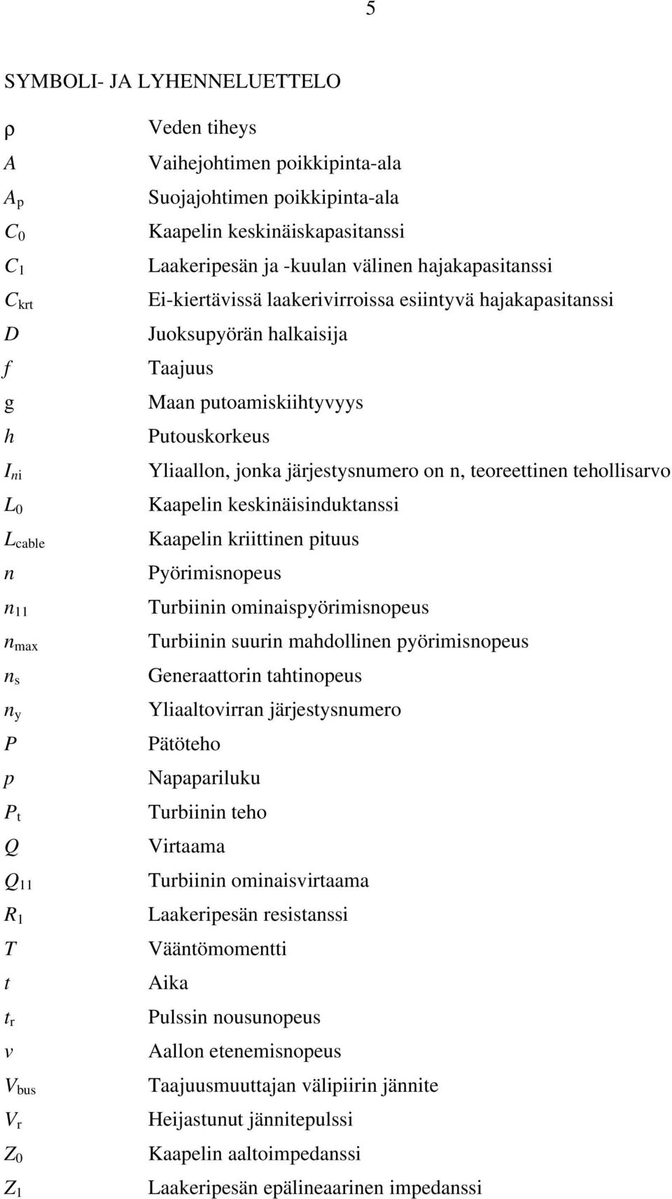 Taajuus Maan putoamiskiihtyvyys Putouskorkeus Yliaallon, jonka järjestysnumero on n, teoreettinen tehollisarvo Kaapelin keskinäisinduktanssi Kaapelin kriittinen pituus Pyörimisnopeus Turbiinin