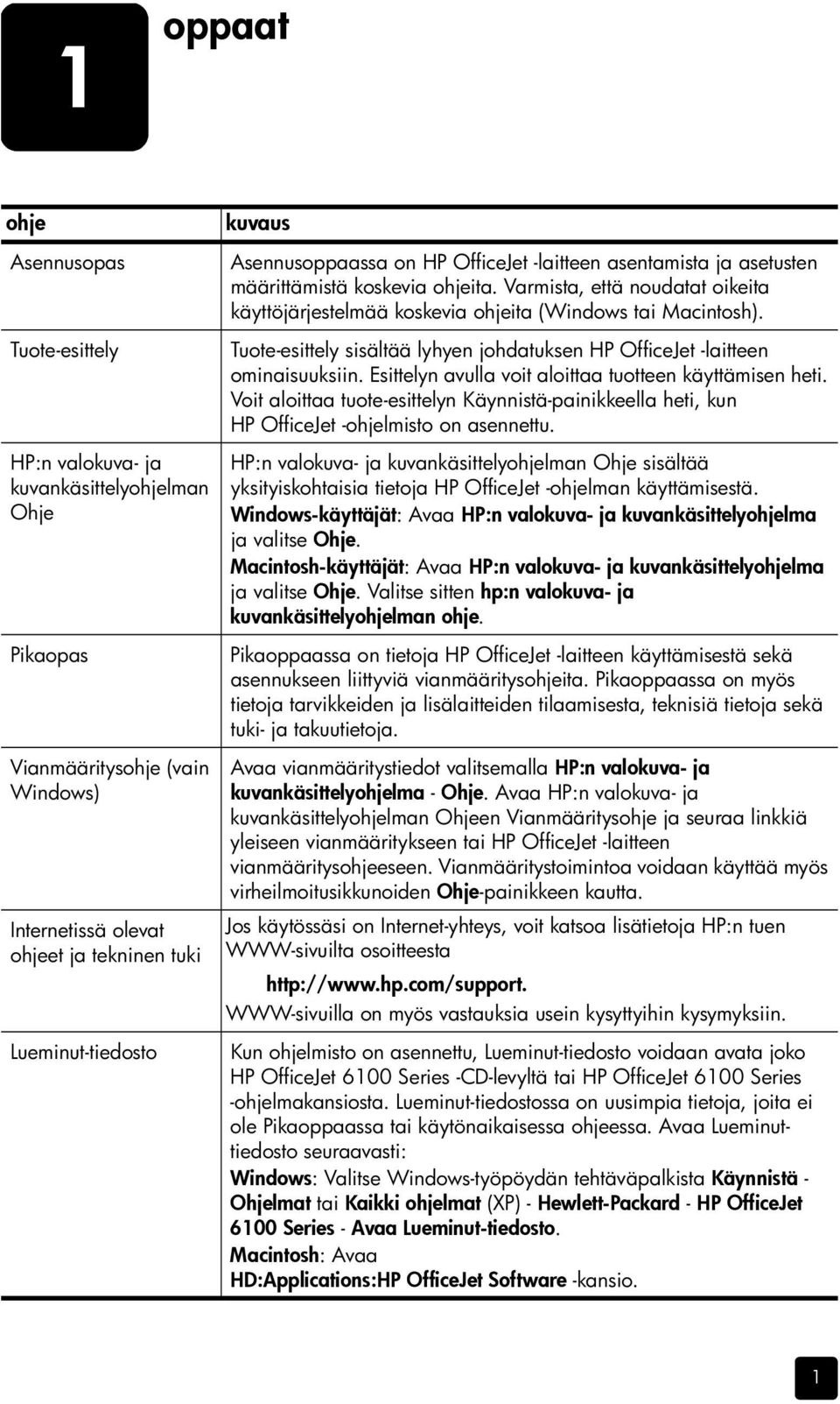 Tuote-esittely sisältää lyhyen johdatuksen HP OfficeJet -laitteen ominaisuuksiin. Esittelyn avulla voit aloittaa tuotteen käyttämisen heti.