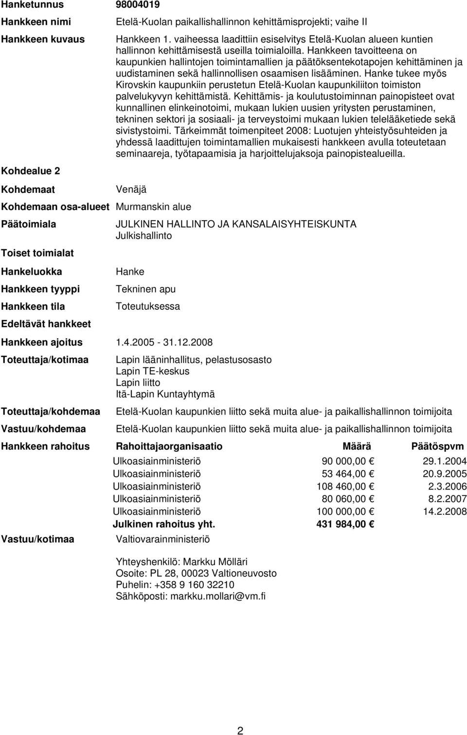 tukee myös Kirovskin kaupunkiin perustetun Etelä-Kuolan kaupunkiliiton toimiston palvelukyvyn kehittämistä.