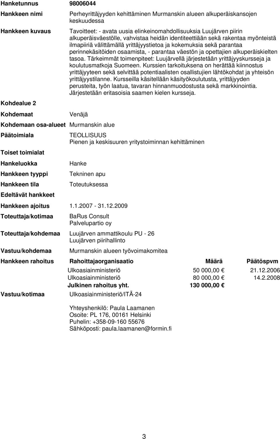 tasoa. Tärkeimmät toimenpiteet: Luujärvellä järjestetään yrittäjyyskursseja ja koulutusmatkoja Suomeen.