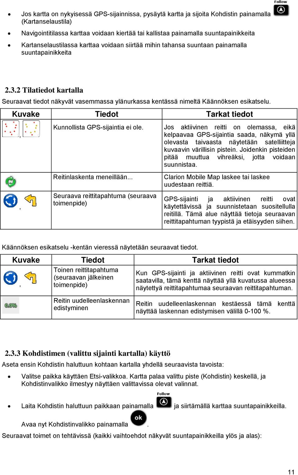 2 Tilatiedot kartalla Seuraavat tiedot näkyvät vasemmassa ylänurkassa kentässä nimeltä Käännöksen esikatselu. Kuvake Tiedot Tarkat tiedot, Kunnollista GPS-sijaintia ei ole.