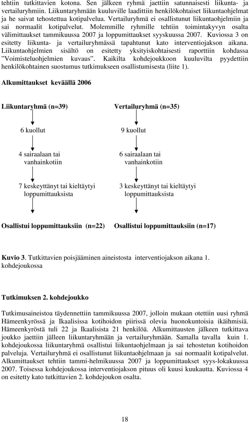 Molemmille ryhmille tehtiin toimintakyvyn osalta välimittaukset tammikuussa 2007 ja loppumittaukset syyskuussa 2007.