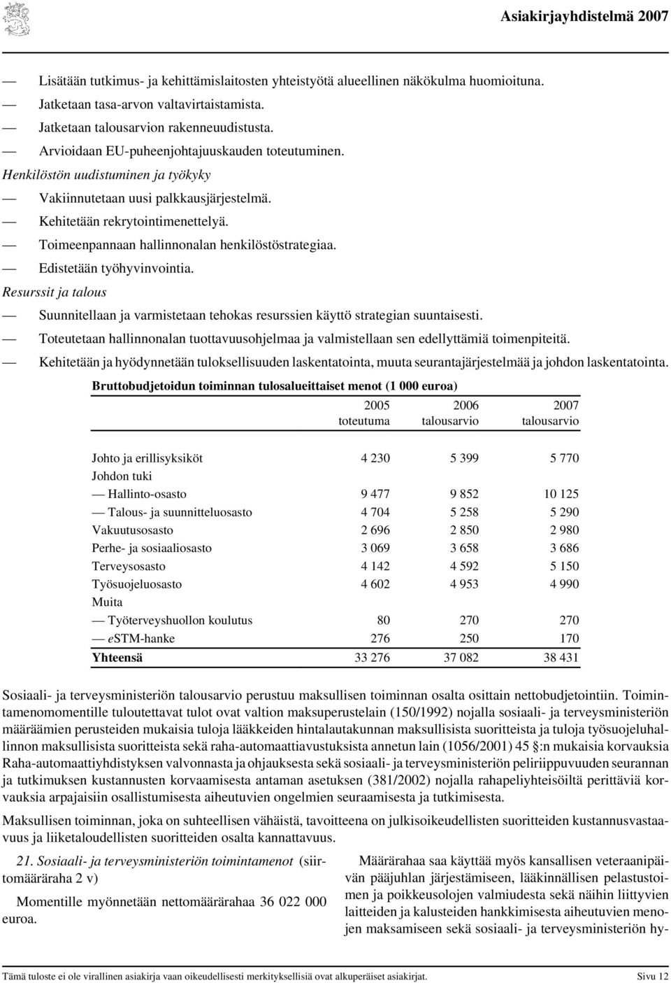 Toimeenpannaan hallinnonalan henkilöstöstrategiaa. Edistetään työhyvinvointia. Resurssit ja talous Suunnitellaan ja varmistetaan tehokas resurssien käyttö strategian suuntaisesti.
