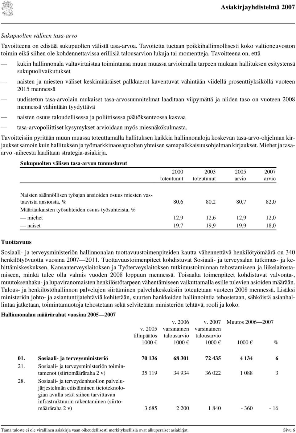 Tavoitteena on, että kukin hallinnonala valtavirtaistaa toimintansa muun muassa arvioimalla tarpeen mukaan hallituksen esitystensä sukupuolivaikutukset naisten ja miesten väliset keskimääräiset