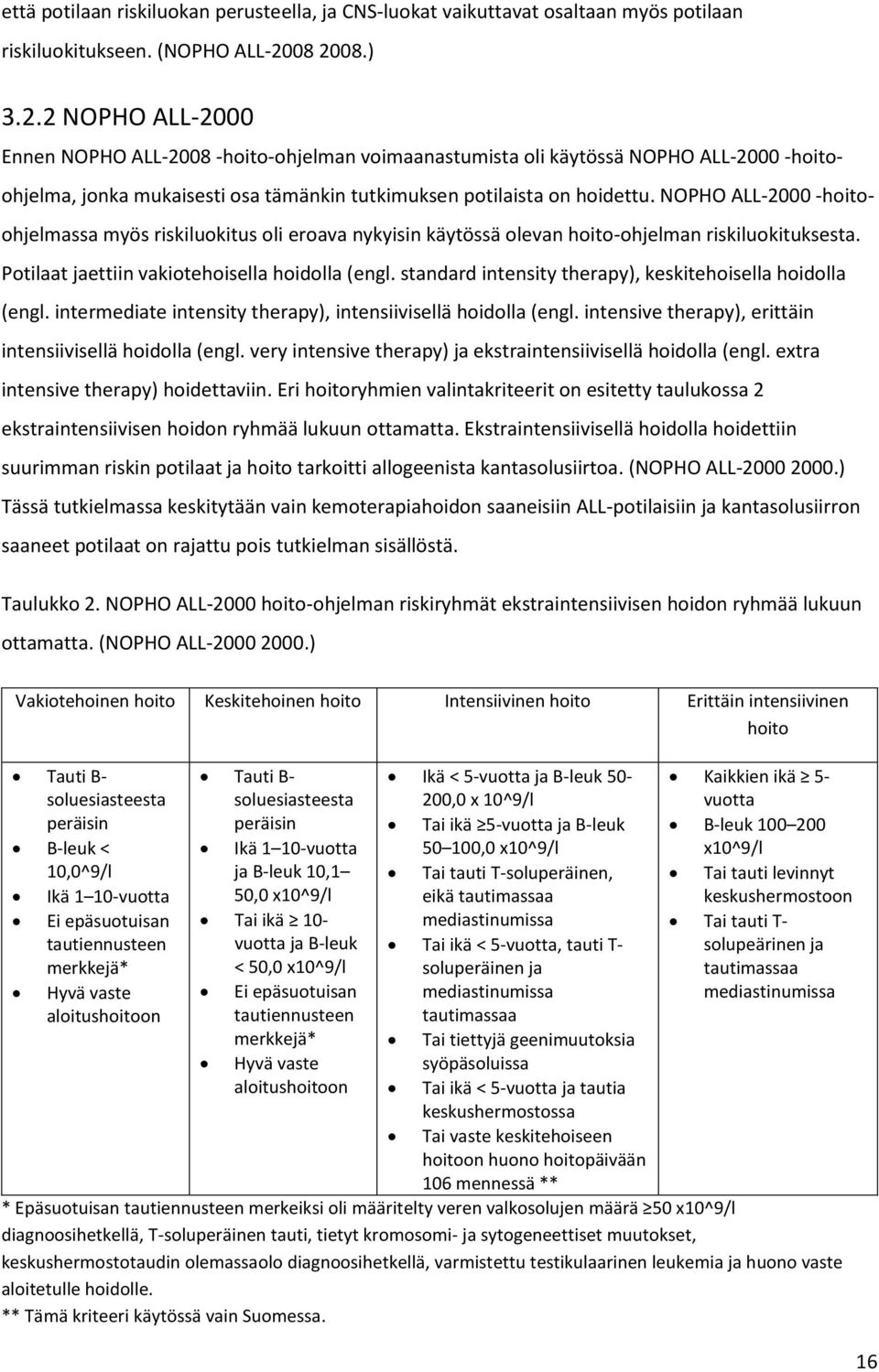 NOPHO ALL-2000 -hoitoohjelmassa myös riskiluokitus oli eroava nykyisin käytössä olevan hoito-ohjelman riskiluokituksesta. Potilaat jaettiin vakiotehoisella hoidolla (engl.