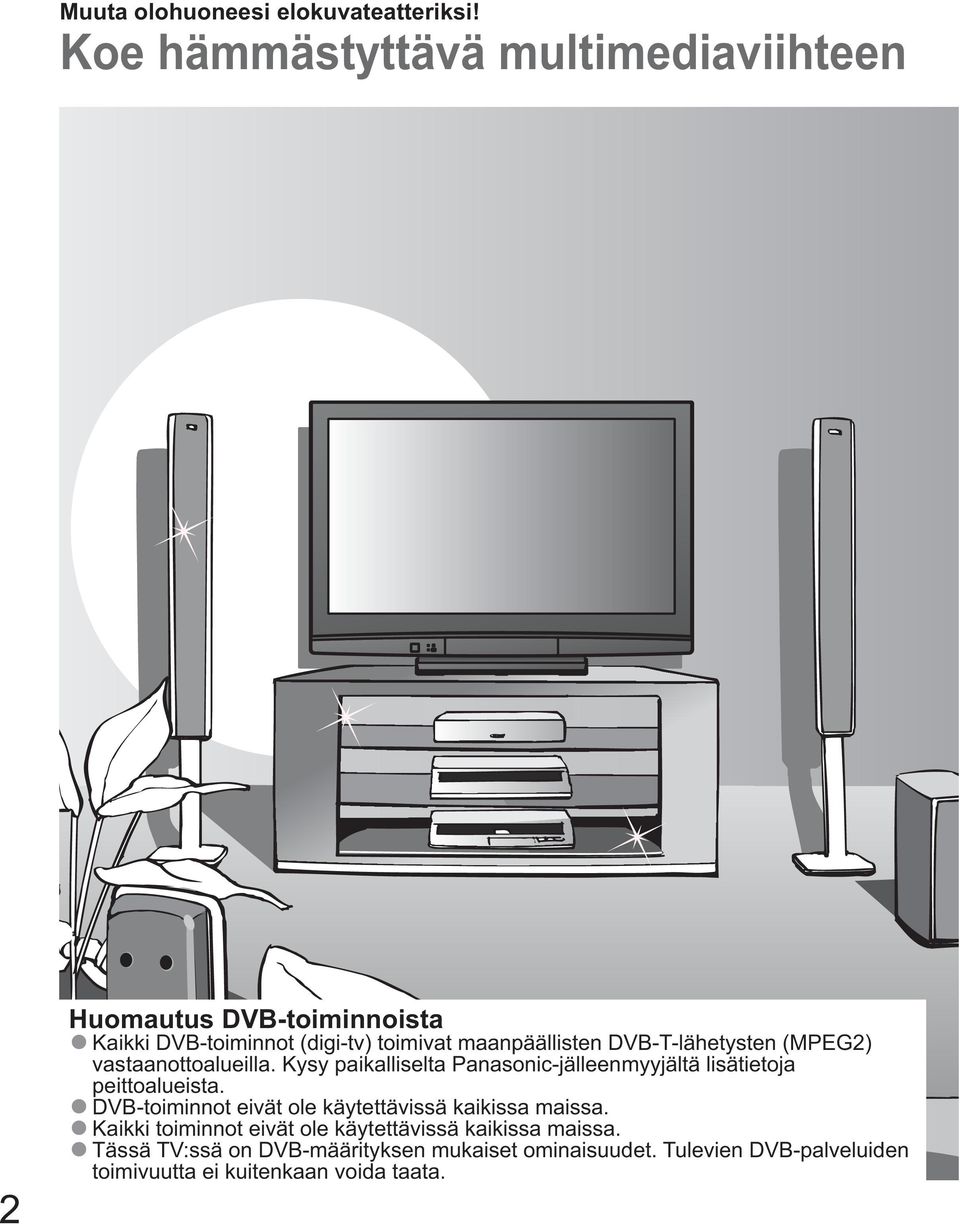 DVB-T-lähetysten (MPEG2) vastaanottoalueilla. Kysy paikalliselta Panasonic-jälleenmyyjältä lisätietoja peittoalueista.