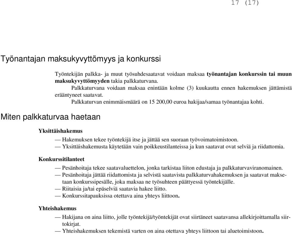 Palkkaturvan enimmäismäärä on 15 200,00 euroa hakijaa/samaa työnantajaa kohti. Yksittäishakemus Hakemuksen tekee työntekijä itse ja jättää sen suoraan työvoimatoimistoon.