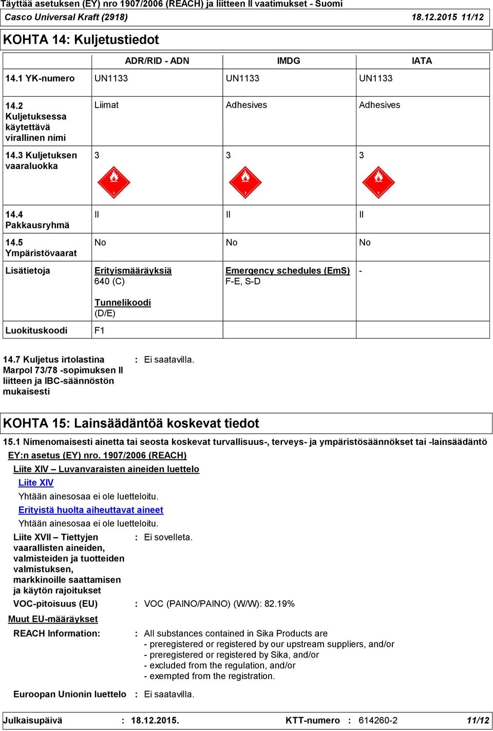 5 Ympäristövaarat No No No Lisätietoja Erityismääräyksiä 640 (C) Emergency schedules (EmS) F-E, S-D - Tunnelikoodi (D/E) Luokituskoodi F1 14.