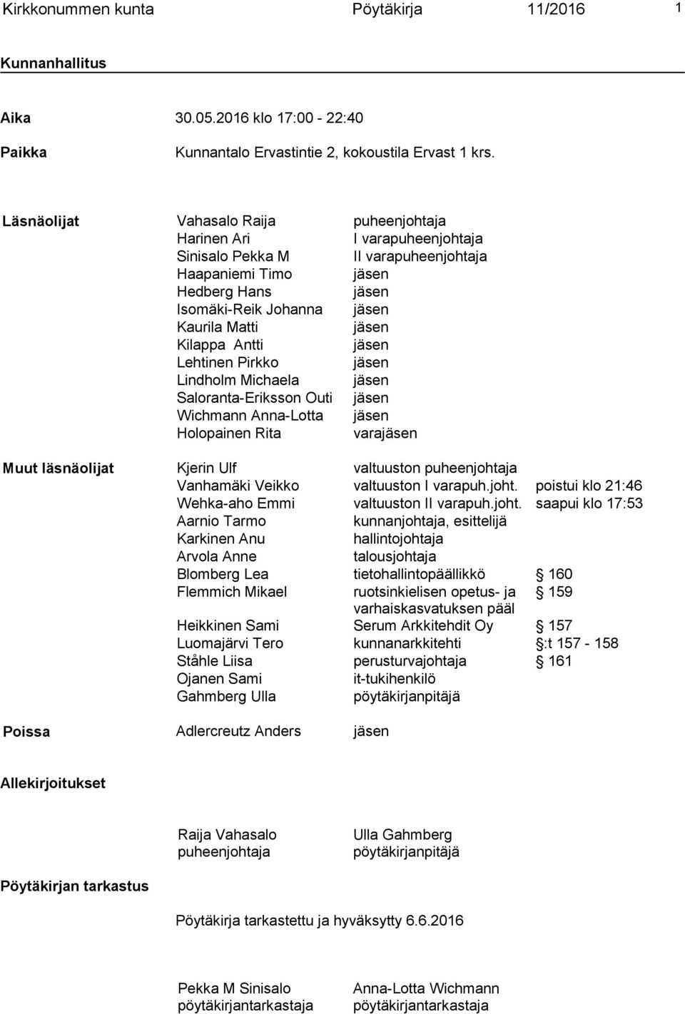 Kilappa Antti jäsen Lehtinen Pirkko jäsen Lindholm Michaela jäsen Saloranta-Eriksson Outi jäsen Wichmann Anna-Lotta jäsen Holopainen Rita varajäsen Muut läsnäolijat Kjerin Ulf valtuuston