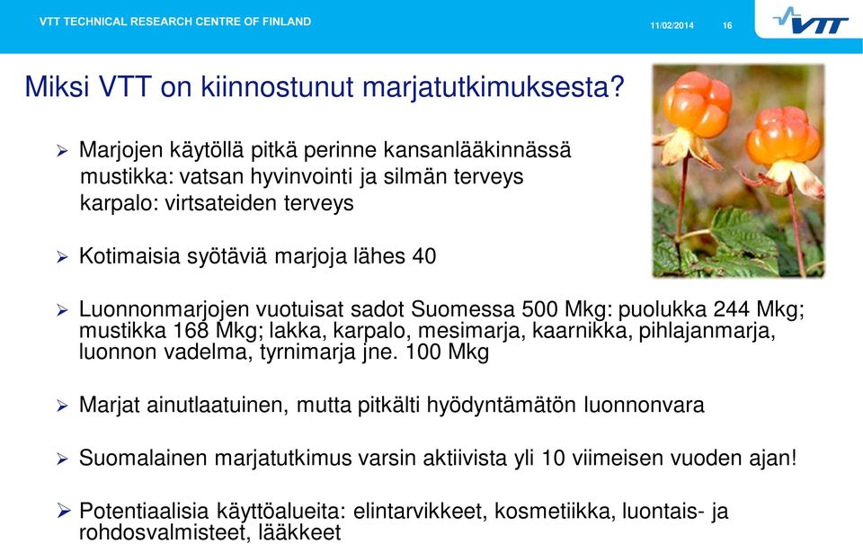 lähes 40 Luonnonmarjojen vuotuisat sadot Suomessa 500 Mkg: puolukka 244 Mkg; mustikka 168 Mkg; lakka, karpalo, mesimarja, kaarnikka, pihlajanmarja, luonnon