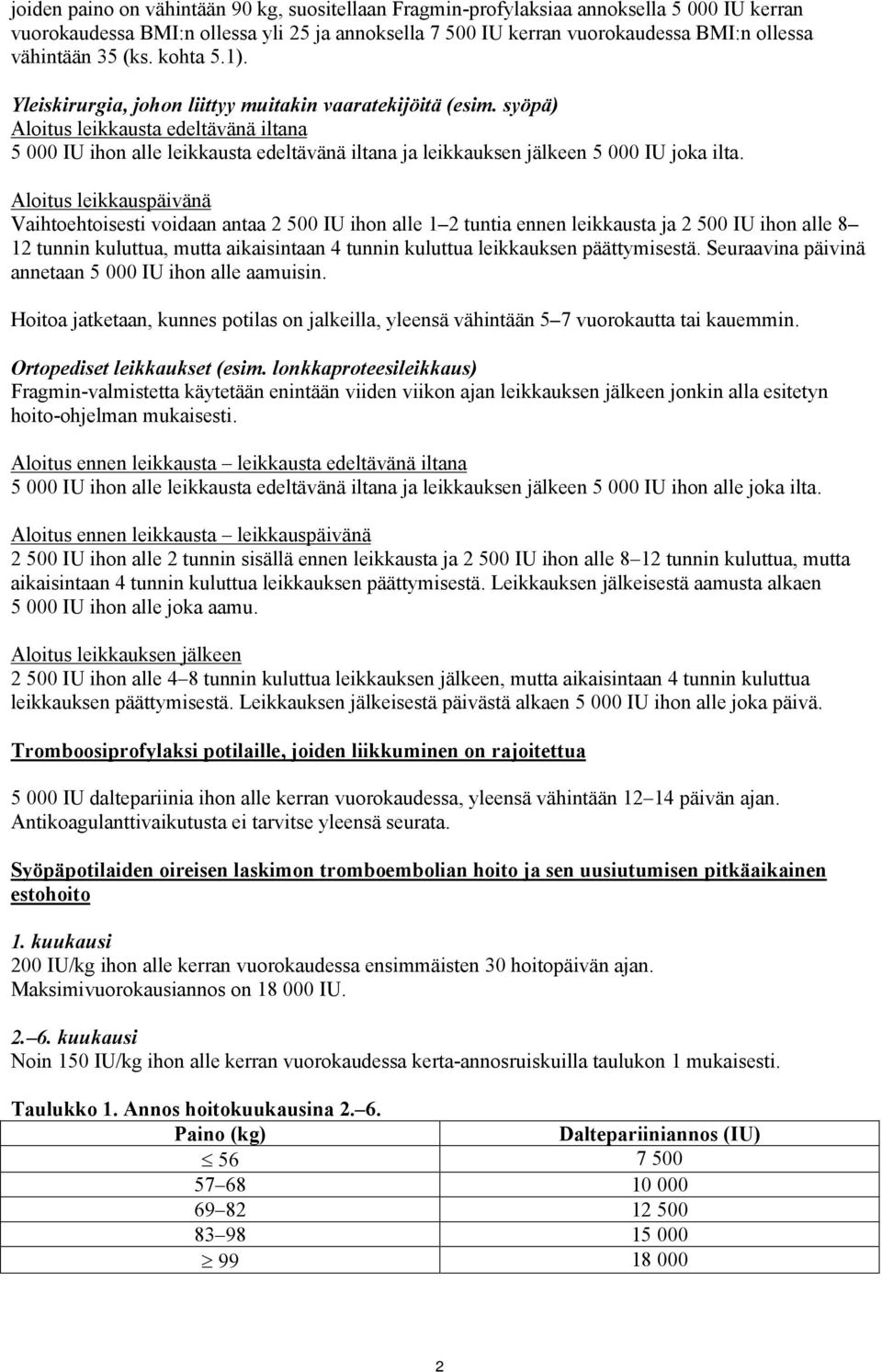 syöpä) Aloitus leikkausta edeltävänä iltana 5 000 IU ihon alle leikkausta edeltävänä iltana ja leikkauksen jälkeen 5 000 IU joka ilta.