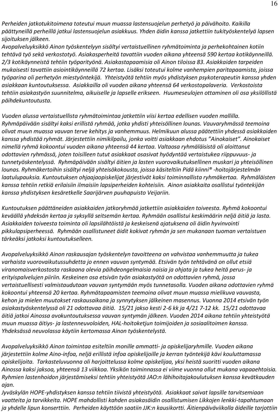 Avopalveluyksikkö Ainon työskentelyyn sisältyi vertaistuellinen ryhmätoiminta ja perhekohtainen kotiin tehtävä työ sekä verkostotyö.