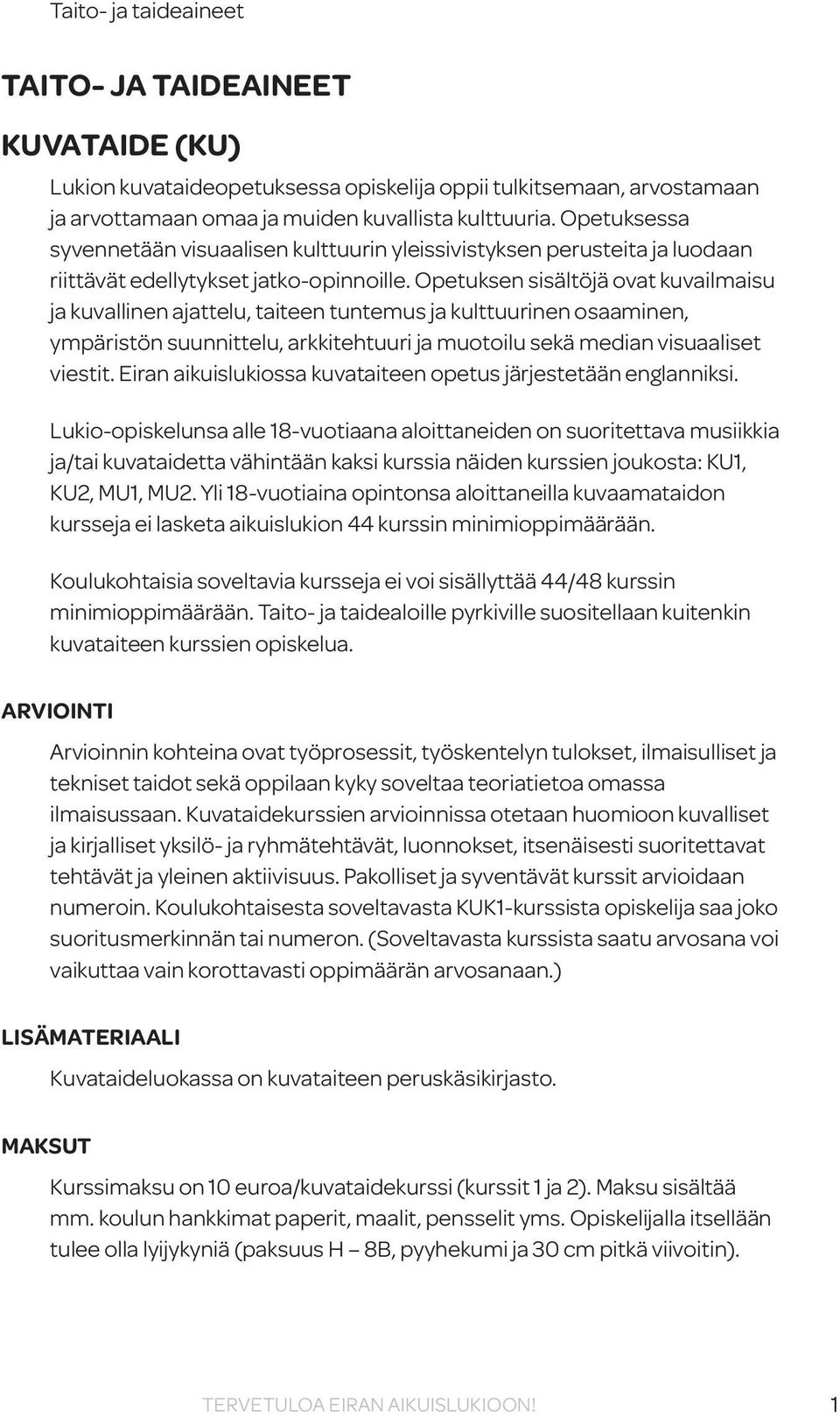 Opetuksen sisältöjä ovat kuvailmaisu ja kuvallinen ajattelu, taiteen tuntemus ja kulttuurinen osaaminen, ympäristön suunnittelu, arkkitehtuuri ja muotoilu sekä median visuaaliset viestit.