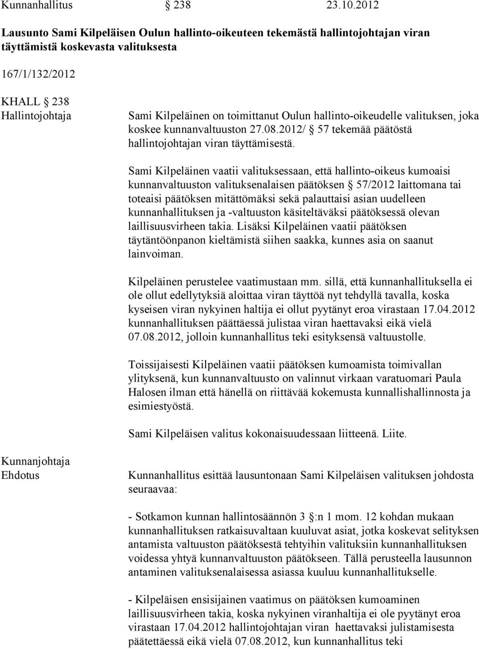 Oulun hallinto-oikeudelle valituksen, joka koskee kunnanvaltuuston 27.08.2012/ 57 tekemää päätöstä hallintojohtajan viran täyttämisestä.