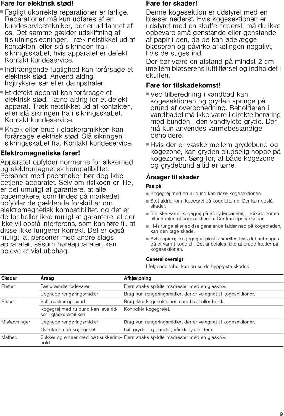 Fare for elektrisk stød! Indtrængende fugtighed kan forårsage et elektrisk stød. Anvend aldrig højtryksrenser eller dampstråler. Fare for elektrisk stød!