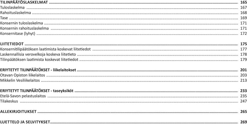 .. 178 Tilinpäätöksen laatimista koskevat liitetiedot... 179 ERIYTETYT TILINPÄÄTÖKSET - liikelaitokset... 201 Otavan Opiston liikelaitos.