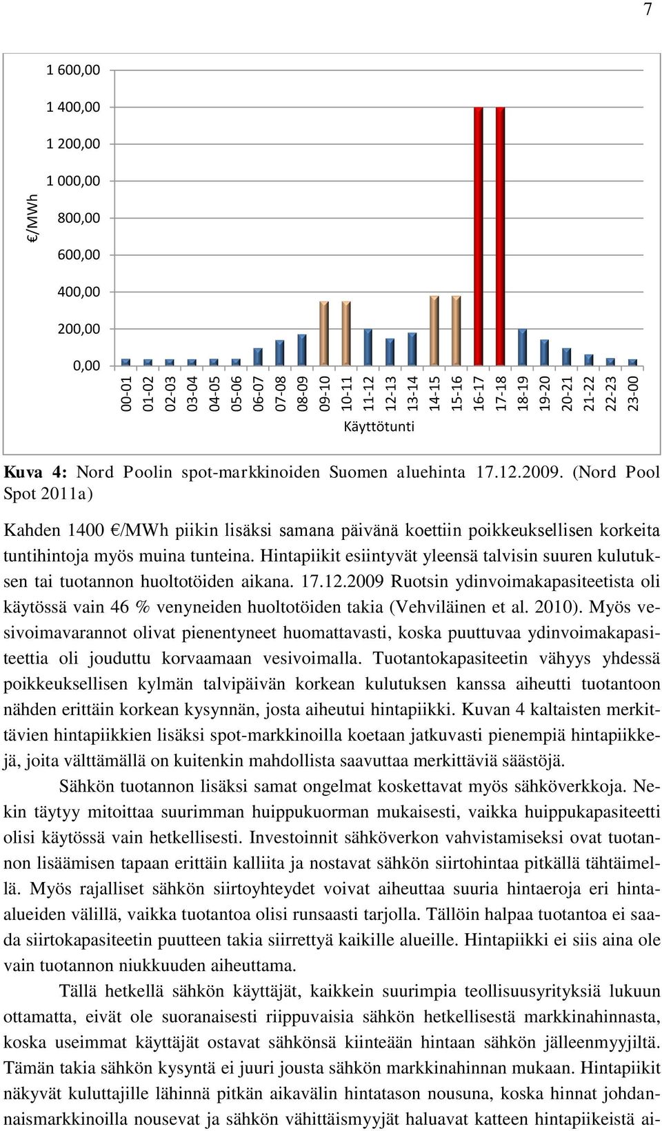 (Nord Pool Spot 2011a) Kahden 1400 /MWh piikin lisäksi samana päivänä koettiin poikkeuksellisen korkeita tuntihintoja myös muina tunteina.