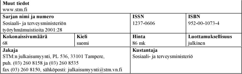 Kokonaissivumäärä 68 Kieli suomi Jakaja STM:n julkaisumyynti, PL 536, 33101 Tampere, puh.