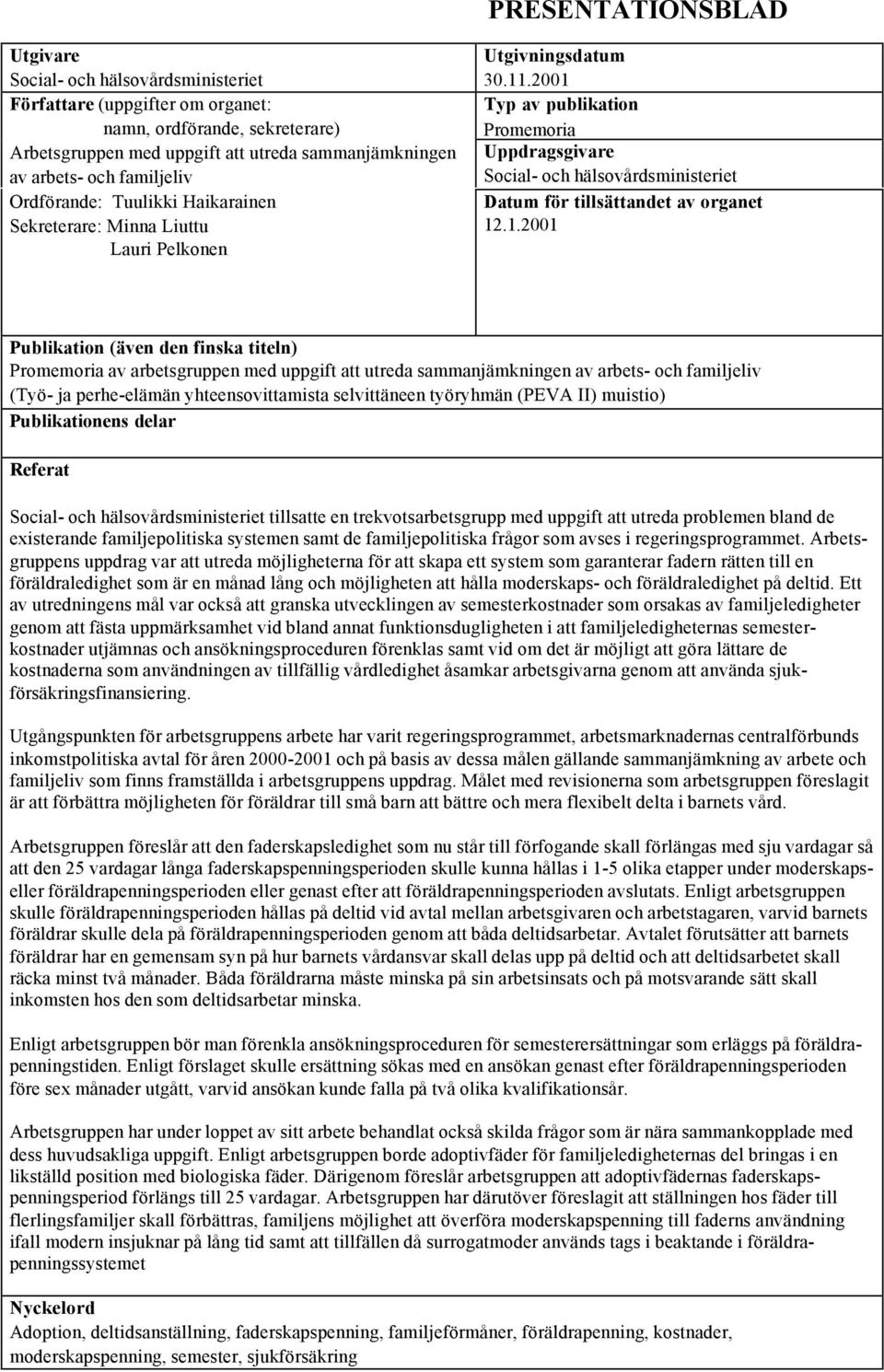 2001 Typ av publikation Promemoria Uppdragsgivare Social- och hälsovårdsministeriet Datum för tillsättandet av organet 12.1.2001 Publikation (även den finska titeln) Promemoria av arbetsgruppen med