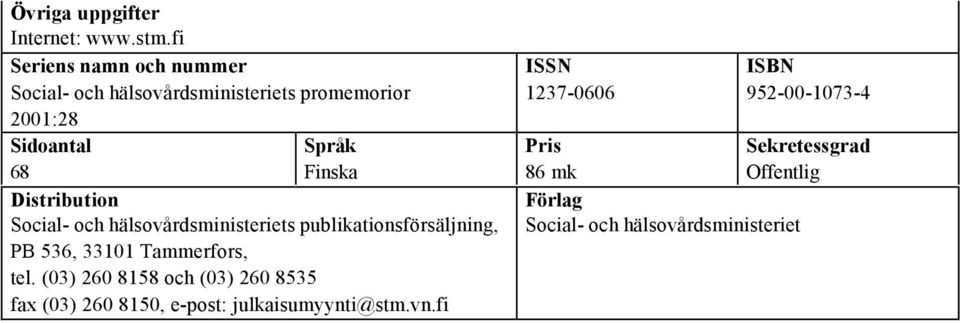 Distribution Social- och hälsovårdsministeriets publikationsförsäljning, PB 536, 33101 Tammerfors, tel.