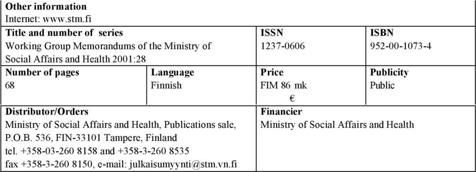68 Language Finnish Distributor/Orders Ministry of Social Affairs and Health, Publications sale, P.O.B.