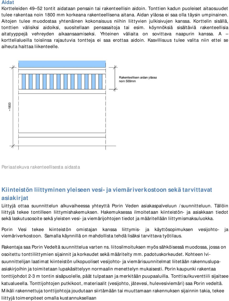 Korttelin sisällä, tonttien välisiksi aidoiksi, suositellaan pensasaitoja tai esim. köynnöksiä sisältäviä rakenteellisia aitatyyppejä vehreyden aikaansaamiseksi.