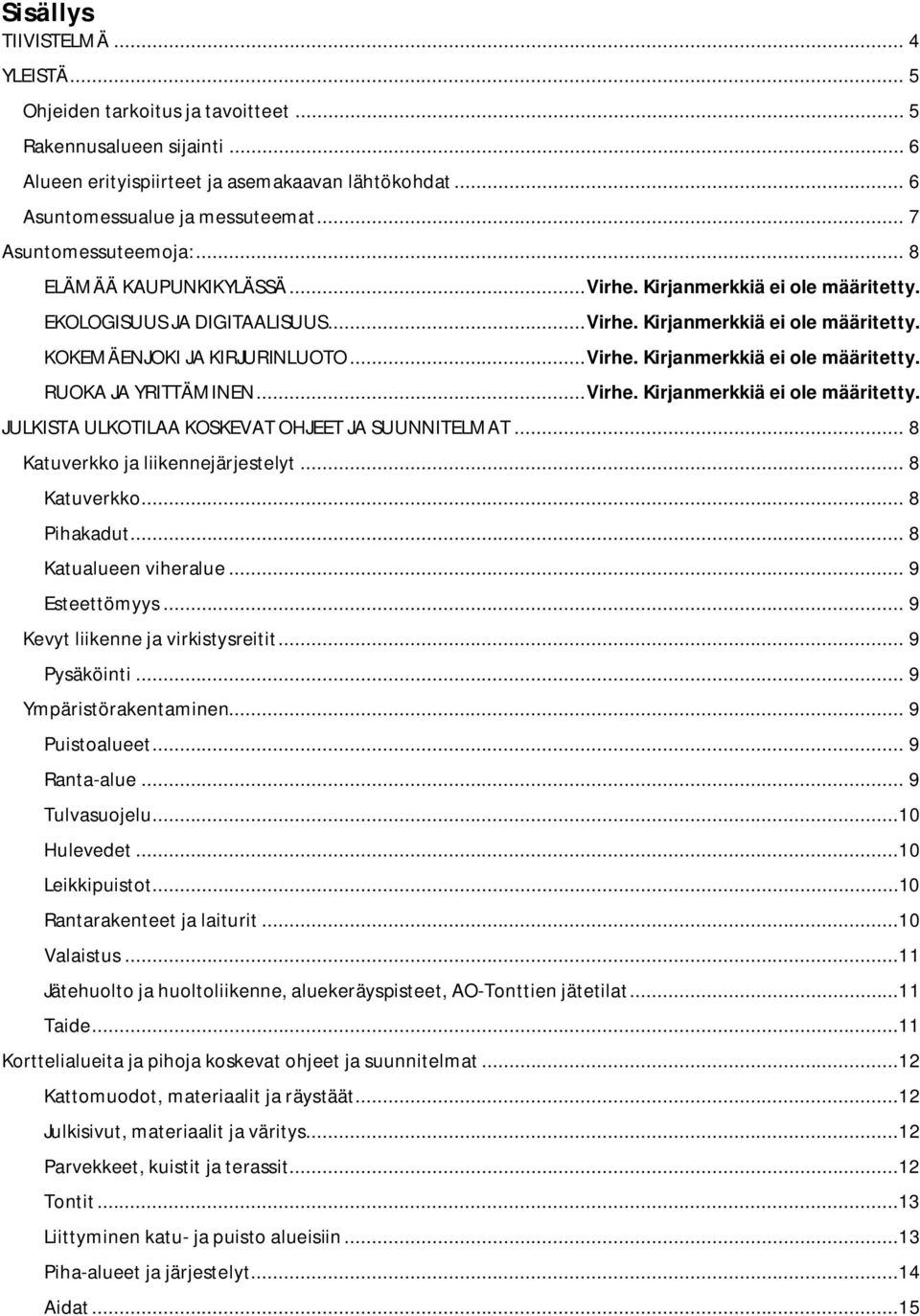 ..Virhe. Kirjanmerkkiä ei ole määritetty. RUOKA JA YRITTÄMINEN...Virhe. Kirjanmerkkiä ei ole määritetty. JULKISTA ULKOTILAA KOSKEVAT OHJEET JA SUUNNITELMAT... 8 Katuverkko ja liikennejärjestelyt.