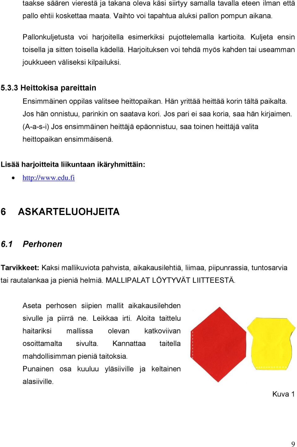 Harjoituksen voi tehdä myös kahden tai useamman joukkueen väliseksi kilpailuksi. 5.3.3 Heittokisa pareittain Ensimmäinen oppilas valitsee heittopaikan. Hän yrittää heittää korin tältä paikalta.