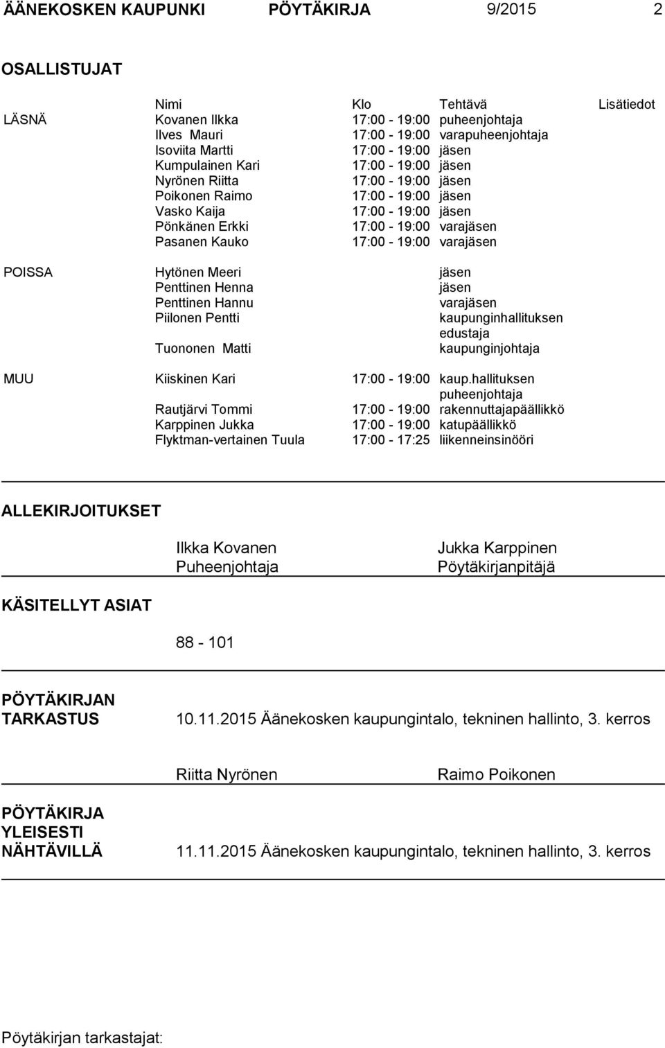 varajäsen POISSA Hytönen Meeri jäsen Penttinen Henna jäsen Penttinen Hannu varajäsen Piilonen Pentti kaupunginhallituksen edustaja Tuononen Matti kaupunginjohtaja MUU Kiiskinen Kari 17:00-19:00 kaup.