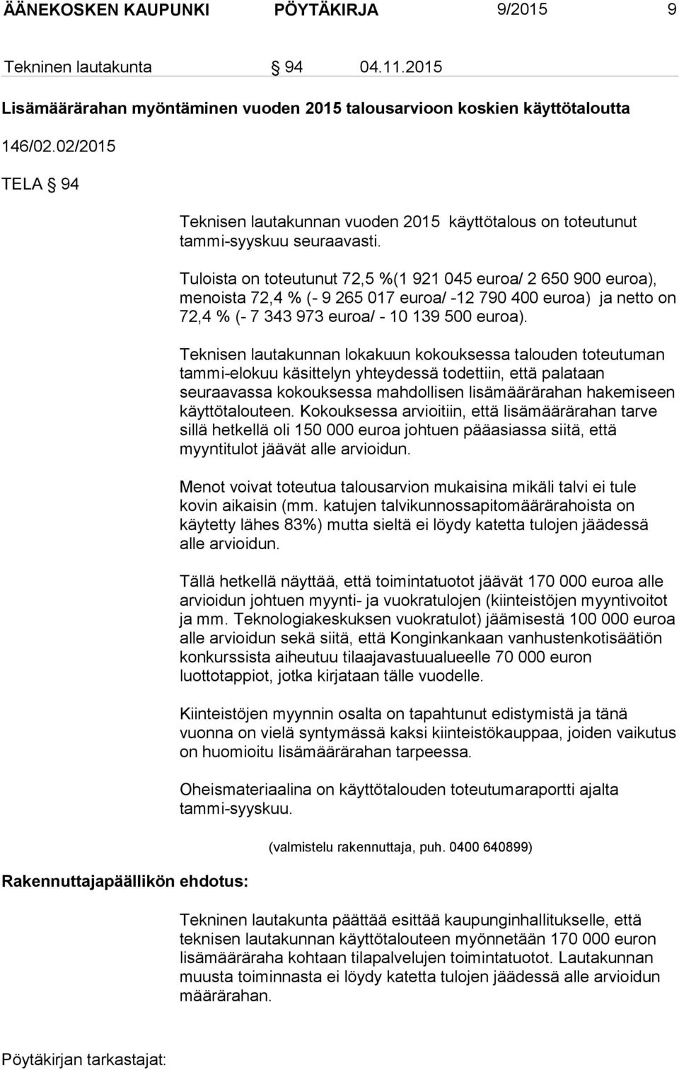 Tuloista on toteutunut 72,5 %(1 921 045 euroa/ 2 650 900 euroa), menoista 72,4 % (- 9 265 017 euroa/ -12 790 400 euroa) ja netto on 72,4 % (- 7 343 973 euroa/ - 10 139 500 euroa).